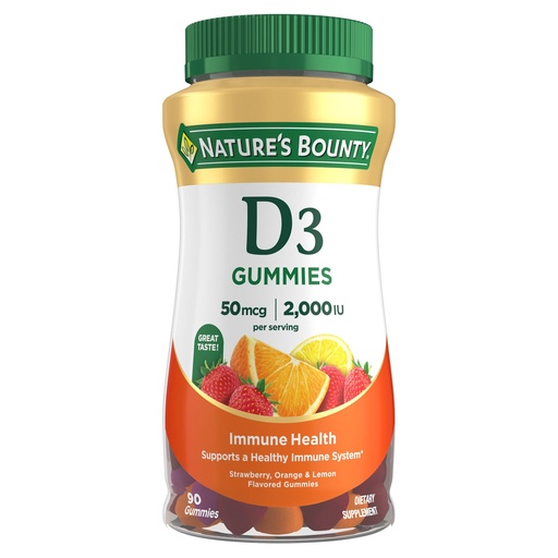 [BRSWKGABOMFWE3TI] Nature's Bounty Vitamin D3 Gummies, Vitamin Supplement, Supports Immune Health, 50mcg, 2000IU, Mixed Fruit Flavor, 90 Gummies