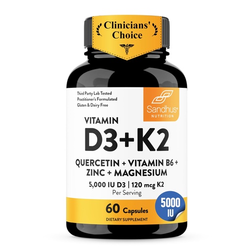[BRSREEIQBUFBGH3A] Sandhu's Vitamin D3 K2 Magnesium 5000 IU, 120mcg K2 Capsules 60 Count (Pack of 1) | with VIT B6, Zinc & Quercetin | D3K2 Supports Superior Absorption, Energy, Immune, Muscle Health for Men & Women