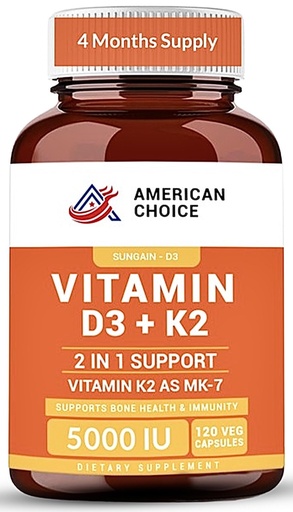 [BRSREYYZB5YQEDL5] Vitamin D3 5000 IU – Enhanced Bone, Heart & Immune Support – Supports Calcium Absorption, Clean & Trusted Formula for Daily Wellness + Vitamin K2 (MK-7) 100 mcg – 120 Capsules