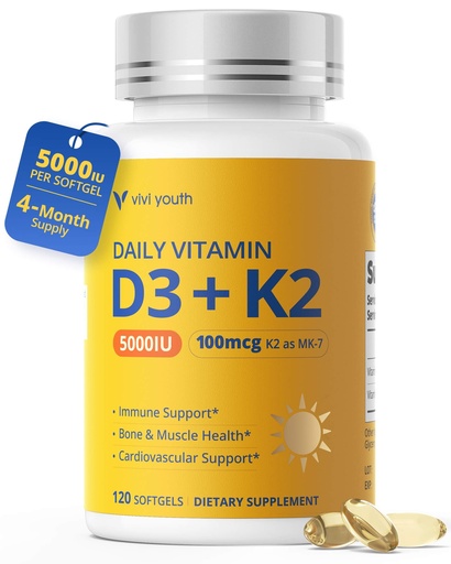 [BRSRGAI3BMFAACL6] Vitamin D3 K2 Supplement 5000 IU & MK-7 100mcg with Sunflower Seed Oil, High Absorption Softgels for Bone, Immune & Heart Health, Soy-Free, Non-GMO 120 Servings for Adults & Seniors