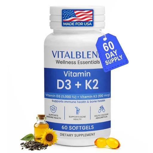 [BRSRGGAROR6QEG3J] Vitamin D3 K2 Softgels, 5000 IU D3 with K2 MK-7, Bone & Heart Support Supplement – High Absorption Oil-Based Formula, Non-GMO, Sunflower Oil Softgels – 60 Count – 60 Day Supply