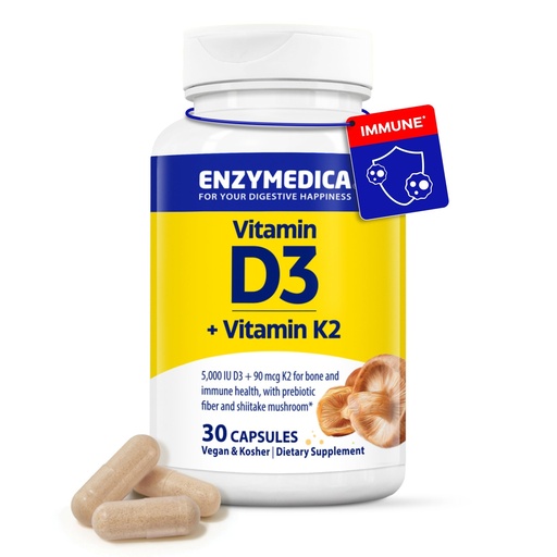 [BRSREHQPOYIW22DA] Enzymedica Vitamin D3 and K2 Supplement Caps for Men & Women - VIT D3 5000 IU & VIT K2 MK-7 90 mcg, Immune & Bone Health Support, Features Shitake Mushrooms & Prebiotic Fiber, Vegan - 30 Capsules