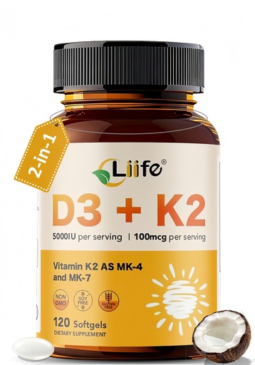 [BRSRGYLQOAIRGAIZ] LIIFE Vitamin D3 K2（MK7+MK4） Supplement 5000IU with Organic Extra Virgin Coconut Oil - Supports Calcium Absorption, Bone & Immune Health- Non-GMO 120 Softgels