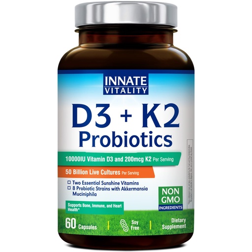 [BRSREHDRO4CBEGQV] Innate Vitality Vitamin D3 10000 IU + K2 MK-7 200 mcg, with Probiotics, Akkermansia Muciniphila, Non-GMO, No Soy or Gluten, Bone, Immune, Digestive & Heart Support, 60 Capsules