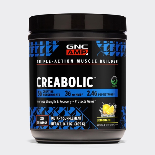 [BRSRGGQTCR6AK2T7] GNC AMP Creabolic - Creatine Monohydrate Powder - High-Potency 5g Creatine with HMB & PeptiStrong - Triple Action Muscle Formula - No Added Sugars - Lemonade - 30 Servings
