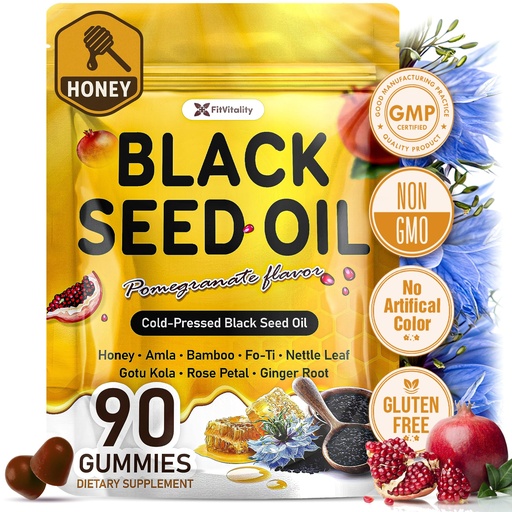 [BRSREEA3BAJW22TX] 90 Black Seed Oil Gummies | 500mg Cold-Pressed Black Seed Oil, Amla, Bamboo, Fo-Ti, Nettle Leaf, Gotu Kola Extract | Vegan, Non-GMO Gummies | Hair, Skin & Nail Nourishment | Pomegranate Flavor