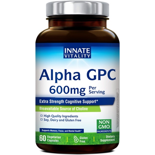 [BRSREAQRCMFQY23Z] Innate Vitality Alpha GPC 600mg, Highly Bioavailable Choline Supplement for Acetylcholine, Extra Strength, Supports Healthy Memory, Focus and Clarity, 60 Vegan Capsules