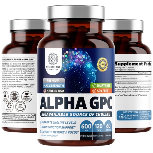 [BRSRACQPAENRAHY6] Number One Nutrition Premium Alpha GPC Choline Capsules 600mg, Natural Brain Supplement to Support Focus, Memory, Clarity and Energy, 120 Veg Caps