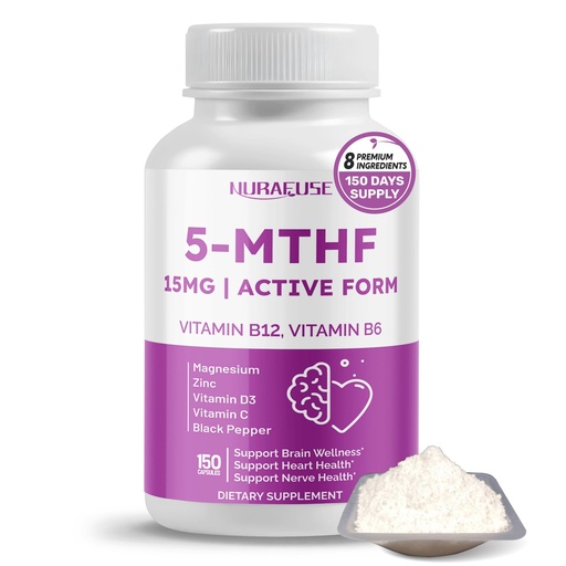 [BRSRABT5O4FWKD3V] High Potency 5-MTHF (Active Form) with Vitamin B12, Vitamin B6, Magnesium & Black Pepper – Supports Brain Wellness, Heart Health & Nerve Health*