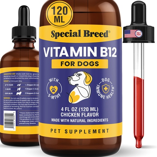 [BRSRGAI2BN4AED3A] Special Breed Liquid Vitamin B12 for Dogs – Methylcobalamin and 5-MTHF – Boosts Energy, Appetite, Mood & Immune System Support, Easy-to-Use Dropper - Chicken Flavor, 4 fl oz