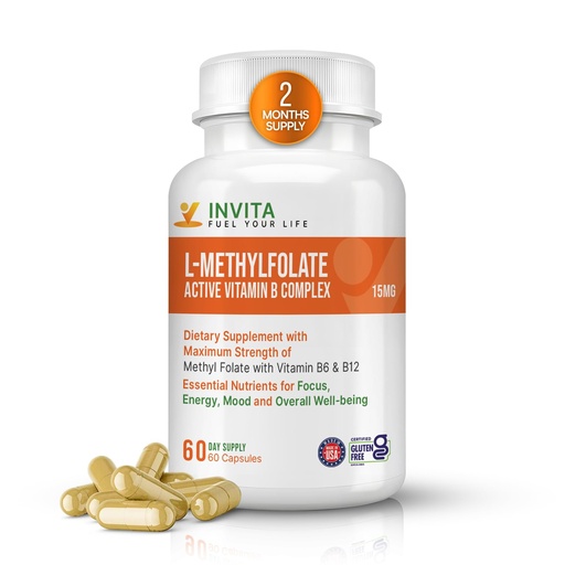 [BRSROYIBOV7RYELP] INVITA, L-Methylfolate 15mg + Active Vitamin B Complex – 60 Capsules - 5-MTHF Supplement with Vitamin B6 & B12 Methylcobalamin for Mood, Energy and Heart – Non-GMO, Gluten Free, 2-Month Supply