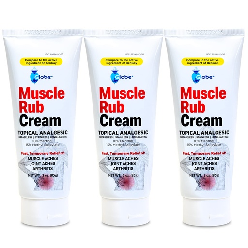 [BRSW2CAZDMFRS23L] (3 Pack) Globe Ultra Strength Greaseless Muscle Rub Cream (3 oz). Compare to The Active Ingredients of Greaseless Bengay, 10% Menthol & 15% Methyl Salicylate (3 Pack)