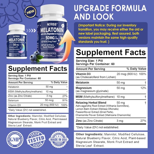 [BRSRMATQAQIWOHY3] Melatonina 50 mg para adultos - Extra Strength 9-in-1 Fast Dissolve Sublingual - w/Vitamin D3 &amp; MSM, Relaxing Herbal Blend-Ashwagandha, Lemon Balm, Passionflower,Chamomile,Sugar Gratis, Vegan 180 Servimientos