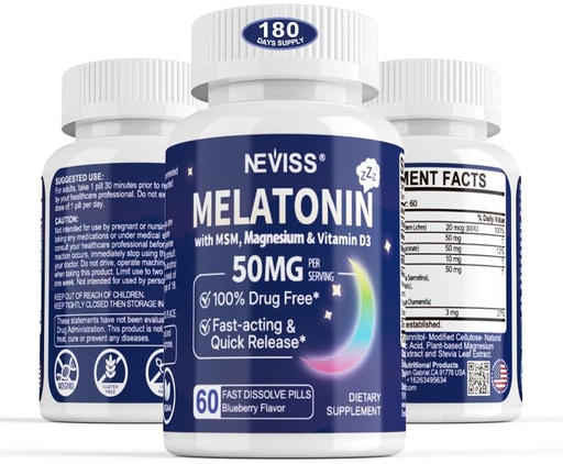 [BRSRMATQAQIWOHY3] NEVISS Melatonin 50 mg for Adults - Extra Strength 9-in-1 Fast Dissolve Sublingual - High Dose with Magnesium Glycinate, Vitamin D3, Ashwagandha, Lemon Balm, Chamomile, Sugar Free, Vegan 180 Tablets