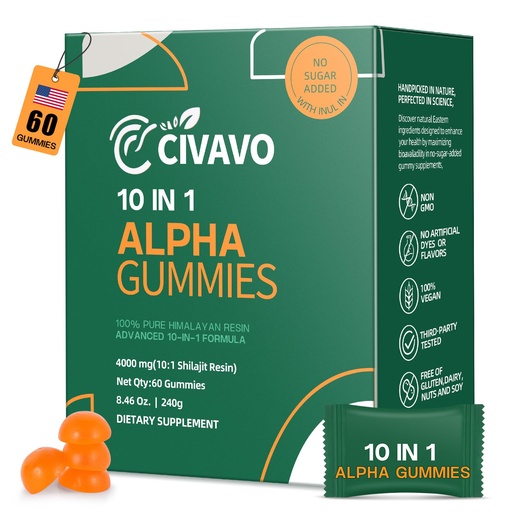 [BRSREHYCA55AIHIV] 10-in-1 Alpha Shilajit Gummies for Men & Women 4000mg, No Added Sugar,Ashwagandha, Gokshura, Non-GMO, 100% Natural (60 Gummy)