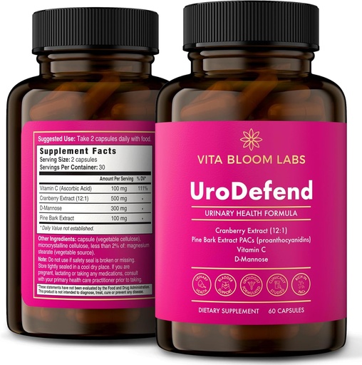 [BRSROHADPMFBQCTG] UroDefend UTI Protection Formula | Cranberry PACs | Physician Formulated | Additive Free + Gluten Free | Cranberry Extract, Pine Bark Extract, D Mannose, Vitamin C | 60 Capsules