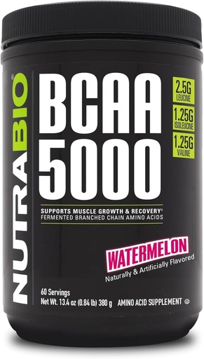 [BRSWIHYDOMMRGADI] NutraBio BCAA 5000 Powder - Vegan Fermented BCAAs - Supports Lean Muscle Growth, Recovery, Endurance - 60 Servings - Watermelon
