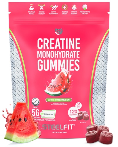 [BRSRABT5CUBWKFDG] SteelFit Creapure Creatine Monohydrate Gummies for Men & Women, Juicy Watermelon - Gym Workout Nutritional Supplements for Muscle Gain, Brain Health & Strength Building Dietary Supplement, 120 Gummies