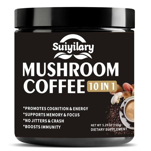 [BRSRAYAECUNGMETD] Suiyilary Mushroom Coffee, 10 Mushroom Extract Powder Blend Lion's Mane, Reishi, Chaga, Cordyceps, Turkey Tail, Brain Supplements with Instant Coffee for Energy, Focus, Memory and Immunity 150g