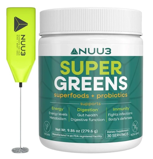 [BRSRAH3QCAJQ423A] NUU3 Super Greens Superfoods + Probiotics - Immune Support, Improved Energy & Gut Health Digestive Enzymes - Boosts Immunity - 30 Servings (Unflavored)