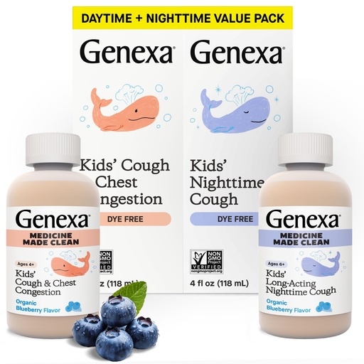 [BRSROGT5AB6RYCTJ] Genexa Kids' Clean Day & Night Cough Medicine, Dye Free, 0% Artificial Additives, Children's Cough, Chest Congestion, Runny Nose & Sneezing Relief, Ages 6+, Organic Blueberry Flavor, 8 fl oz (2 Pack)