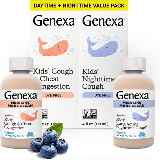 [BRSROGT5AB6RYCTJ] Genexa Kids' Clean Day & Night Cough Medicine, Dye Free, 0% Artificial Additives, Children's Cough, Chest Congestion, Runny Nose &amp; Sneezing Relief, Ages 6+, Organic Blueberry Flavor, 8 fl oz (2 Pack)