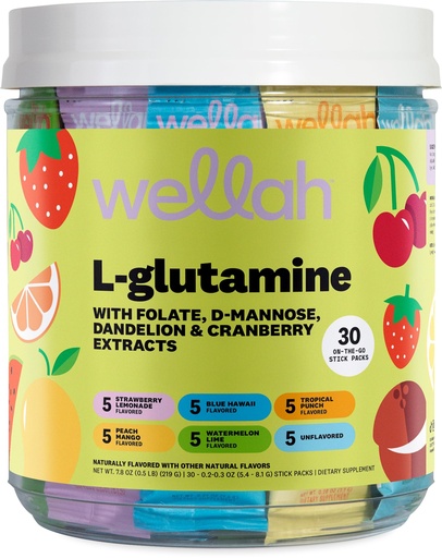 [BRSRGCYOOUBAMH3J] Wellah L-Glutamine for Women (Variety Pack) 30 Stick Packs - 5g L-Glutamine Per Serving, 6 Flavors, to-Go Packets