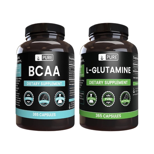 [BRSRO2Y2OAORM3D7] Pure Original Ingredients L-Glutamine & BCAA Capsule Bundle (365 Capsules Each), No Magnesium or Rice Fillers