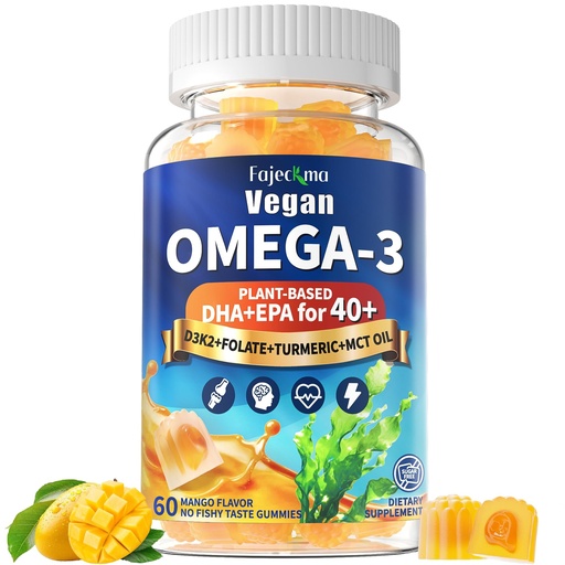 [BRSRGGL4DMPQMAA4] Vegan Omega 3 Gummies for Women Men 40+: 1280mg Algae Omega 3 Fatty Acid Supplements with DHA EPA Omega3 Vitamin D3 K2 Coq10 Zinc Support Brain Health - Adults Fish Oil Alternative (60Count)