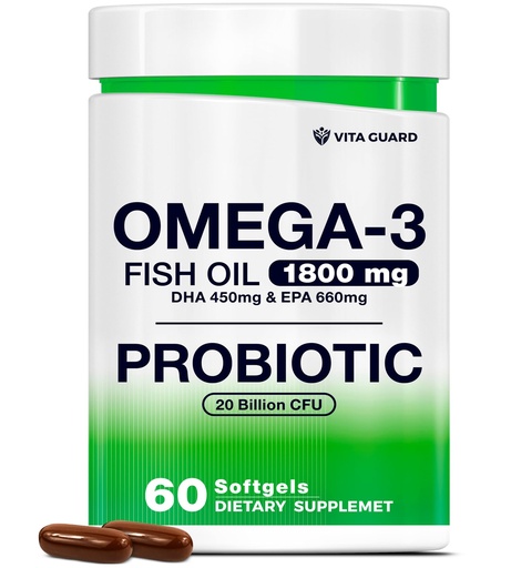 [BRSRACYRDIHGGF3H] Omega-3 Fish Oil with Probiotics – 1800mg Fish Oil, 660mg EPA, 450mg DHA – Heart, Brain & Gut Support – 20 Billion CFU – Lemon-Flavored Burpless Softgels – Non-GMO, Gluten-Free