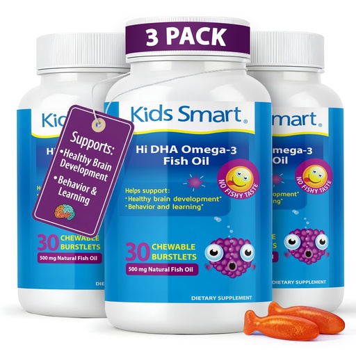 [BRSRGCQROQAQ2ETL] KIDS SMART Hi DHA Omega-3 Fish Oil- 90 Burstlets for Kids 1 and Up | 500mg Fish Oil with DHA & EPA | Brain, Learning, Behavior & Healthy Eye Support | No Fishy Taste, Sugar-Free Fruity Chewable