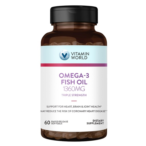 [BRSWGZIYBV6WMDY3] Vitamin World Triple Strength Omega 3 Fish Oil 1360 mg Supplement, 950 mg Active Omega-3 Fatty Acids with EPA & DHA, Supports Heart, Brain & Joint Health, Gluten Free, 60 Softgels, 2 Months Supply