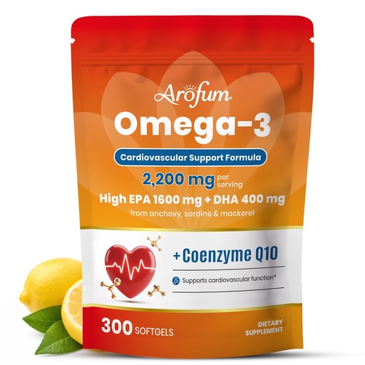 [BRSRGFL5PMBGAADD] Omega 3 Fish Oil with CoQ10, High EPA DHA Fish Oil Omega 3 Supplements, 2200 mg rTG Omega 3 EPA DHA for Heart & Cardiovascular Support, Lemon Flavor, 300 Softgels