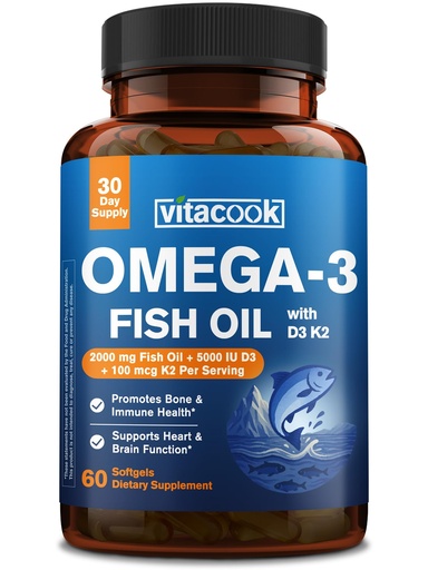 [BRSREH36CQJWYE3V] Omega 3 Fish Oil 2000mg, with Vitamins D3 & K2 (MK-7), Omega 3 Fatty Acid Supplements 1100mg, EPA, DHA, from Fresh, Wild-Caught Fish, Bone, Heart, Brain & Immune Health Support, 60 Softgels