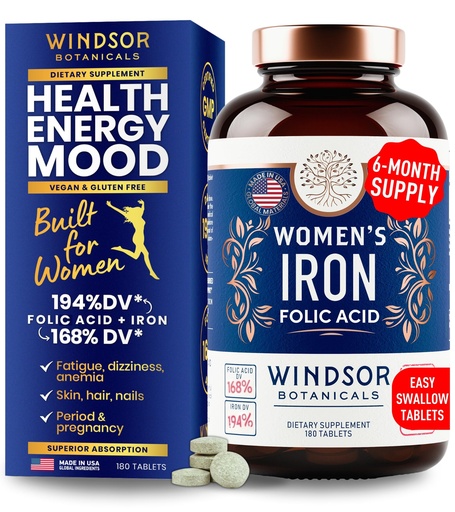 [BRSRMHAKPN6R4GTX] Iron and Folic Acid Supplements for Women - 35mg Gentle Iron Vitamin, Folic Acid 400mcg - Anemia, Period, Pregnancy Support Supplement, Ferrous Sulfate Pills - 180 Vegan Non-Constipating Tablets