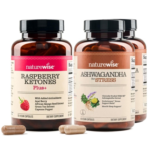 [BRSREFACDENGCYL4] NatureWise [1] Raspberry Ketones + Green Tea Extract Cayenne, Acai - 120 Count[120-Day Supply] + (Pack of 2) Ashwagandha for Stress + GABA & L-Theanine - 60 Capsules[30-Day Supply]