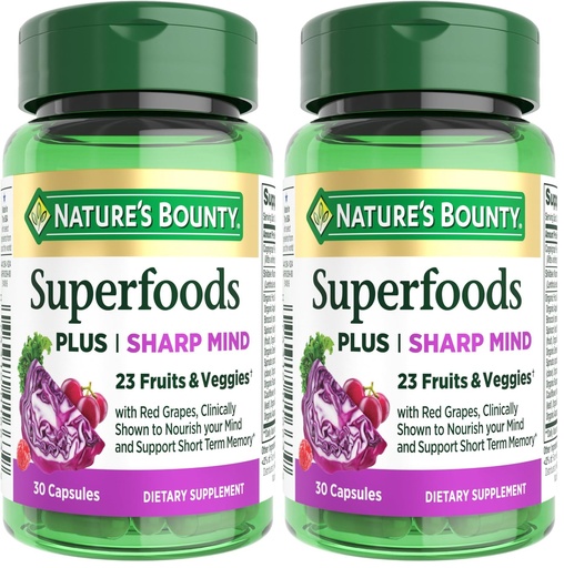 [BRSREBD5CV5GYYD3] Nature's Bounty Superfoods Plus Sharp Mind for Brain Health, Memory; Focus, Superfoods with 23 Fruits & Veggies Plus Red Grapes - Cognitive Supplement, 30 Capsules (Pack of 2)