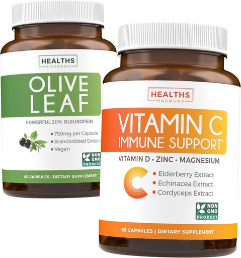 [BRSWYFQ5BB4AEYLL] Save $4 (12% off) - Herbal Immune Bundle - Olive Leaf Extract (Non-GMO) Super Strength: 20% Oleuropein 750mg caps and Immune Support - Vitamin C with Zinc, Vitamin D, Elderberry & Echinacea (Non-GMO)