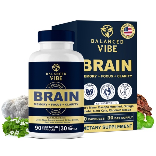 [BRSWYGAHAAAREYL5] Balanced Vibe Brain Supplement 8 in 1 with Lion's Mane, Bacopa, Rhodiola, Ginkgo Brain Supplements for Memory, Focus & Mental Clarity, Non-Stimulant, Organic, Vegan, GMP Certified, 90 Capsules