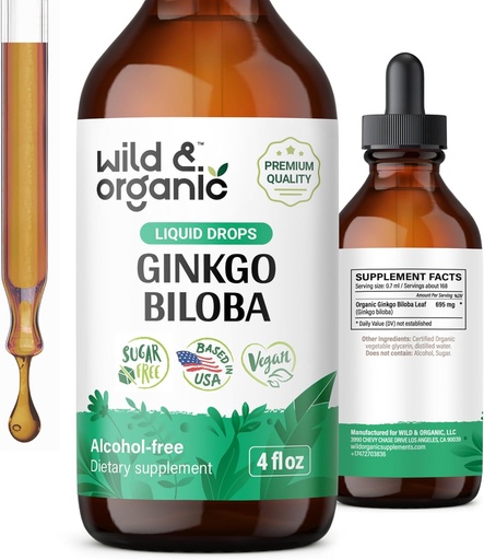 [BRSROY34DJ6AOEI3] Wild & Organic Ginkgo Biloba Extract Drops - Brain & Focus Support - Liquid Ginkgo Biloba Supplements - Vegan, Sugar & Alcohol-Free Herbal Tincture - 4 fl oz