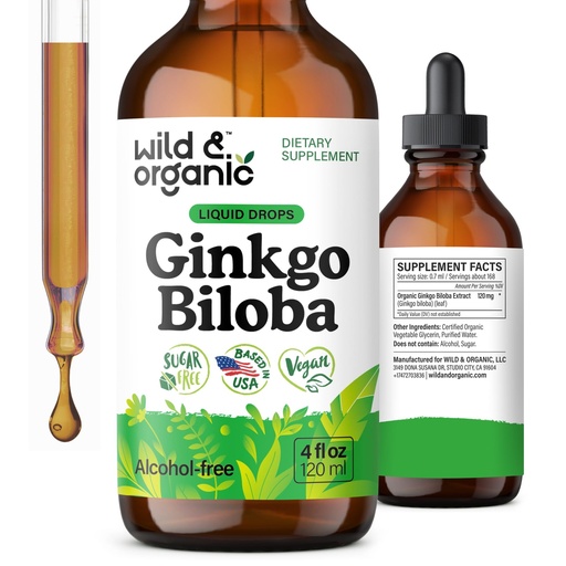 [BRSROY34DJ6AOEI3] Wild & Organic Ginkgo Biloba Extract Drops - Brain & Focus Support - Liquid Ginkgo Biloba Supplements - Vegan, Sugar & Alcohol-Free Herbal Tincture - 4 fl oz