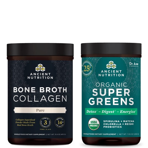 [BRSRMEAQOEPQMA3D] Ancient Nutrition Bone Broth Protein Powder, Pure, 20 Servings + Organic Supergreens Powder, Greens Flavor, 25 Servings