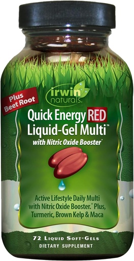 [BRSWGYYHCQORSALX] Irwin Naturals Quick Energy RED Liquid-Gel Multi con Nitric Oxide Booster - 72 Liquid Softgels - con Nitric Oxide Booster, Turmeric, Brown Kelp, Maca &amp; Beet Root