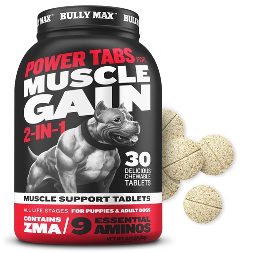 [BRSRMZQNDIPWK2TH] Bully Max 2-in-1 Muscle Builder for Dogs - 9 Amino Acids, Puppy & Dog Vitamins, Supplements for Muscle Gain & Growth - Dog Multivitamin Chewable Tablets for All Breeds & Ages, Made in USA, 30 Tabs
