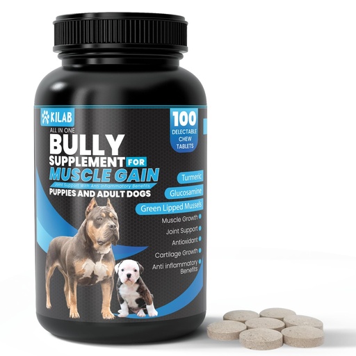 [BRSROGAPDEHAI3LF] Kilab Dog Weight Gainer – 100-Count Muscle Builder Dog Supplement – Muscle Growth Supplement for Dogs, Puppies and Adults – Bully Growth Formula with Turmeric, Glucosamine, Green Lipped Mussels