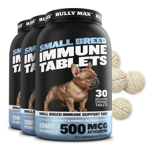 [BRSREGQOAAAQ23TZ] Bully Max Small Breed Dog Immune Support Tablets - Chewable Multivitamin Immunity Booster Supplement for Puppy & Adult Dogs - Pet Vitamins with Astaxanthin, Colostrum, Turmeric - 30 Tabs (3 Bottles)