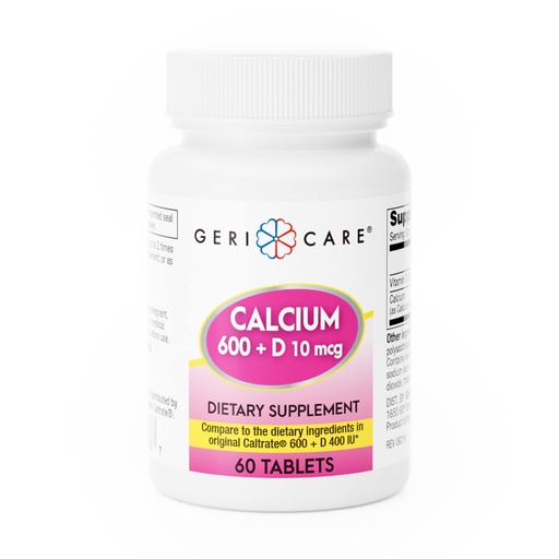 [BRSRMCADCMCWOHLB] GeriCare Calcium 600mg - Vitamin D 10mcg Tablets - Bone Health - Nutritional Supplement, 60 Count (Pack of 1)