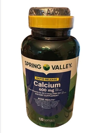 [BRSRGGAHPMNGMG36] Spring Valley Calcium 600 mg with Vitamin D3 12.5 MCG, 120 Softgels, Bone Health Support, Rapid-Release, Gluten-Free