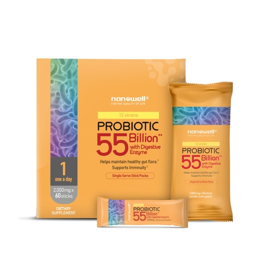 [BRSRMBIKAUBQYDLG] NANOWELL 12 Strains Probiotic 55 Billion CFU with Digestive Enzymes Powder - Immune Support, Gut Health, Probiotics, Prebiotics & Postbiotics - 60 Sticks, 60 Day Supply