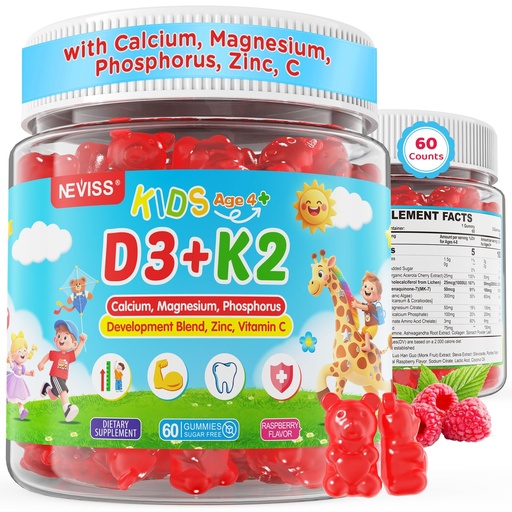 [BRSREGIOC4PB4CDF] Vitamin D3 K2 Gummies for Kids & Teens + Calcium, Magnesium, Zinc, Phosphorus, C, Kids Multivitamin D3 & K2 Supplement for Bṏne Health, Calcium Absorption, Focus & Immunity, Non GMO, Sugar Free, 60Cts